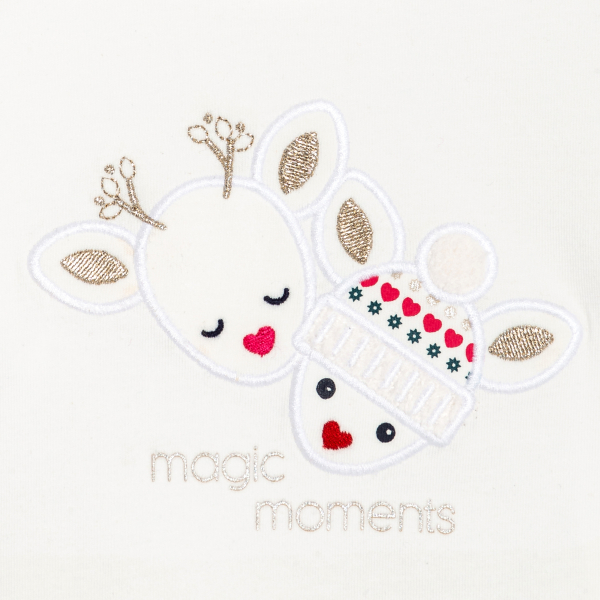 تي شيرت أبيض بأكمام طويلة مطرز بطبعة حيوانات الرَّنَة للبنات الصغار